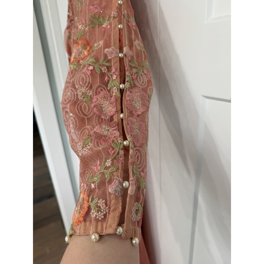 Pakistani Indian Medium Floral Dress Threads & Motifs Peach Pearls Sequins - Picture 3 of 5